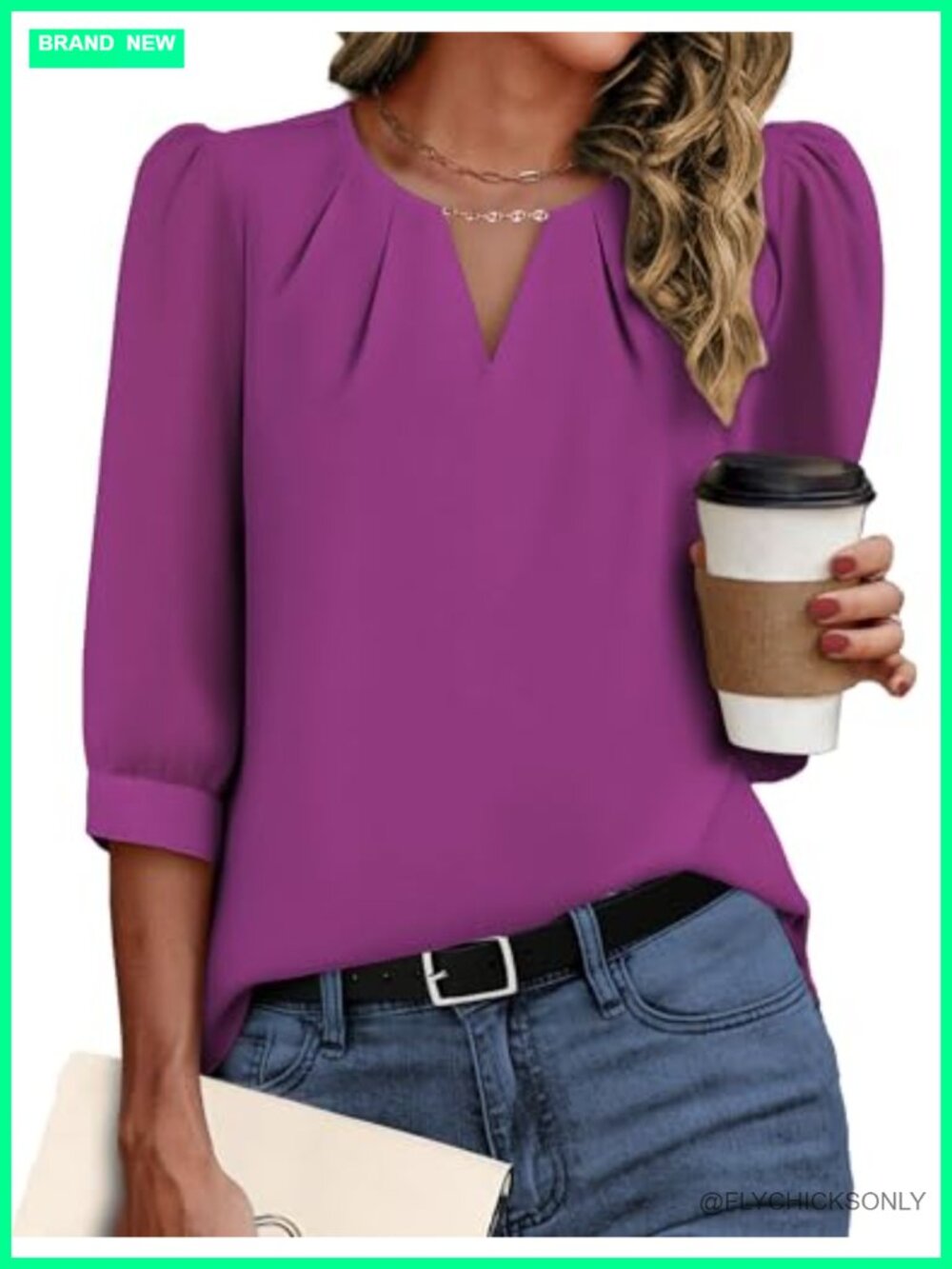 Women's Chiffon Blouse 3/4 Sleeve Button Down Work Top